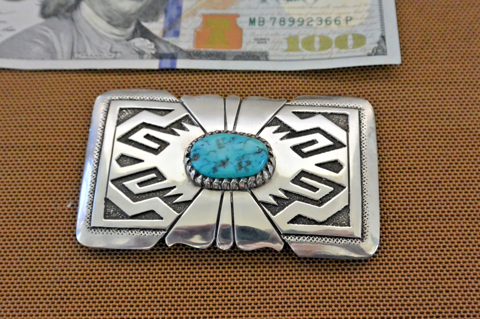 XL TOMMY SINGER BELT BUCKLE Sterling Silver KINGMAN MineTurquoise NAVAJO Thomas