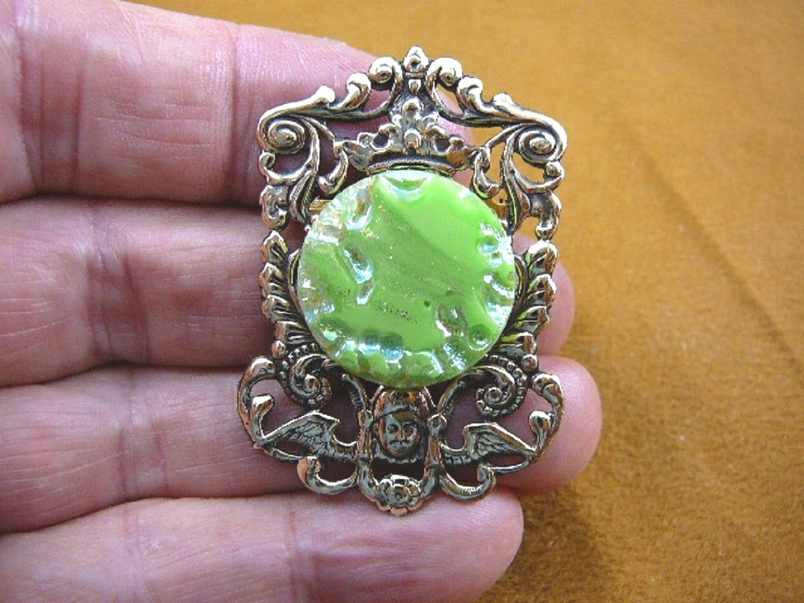 Z18-30 iridescent lime green gold textured Czech glass button angel pin brooch