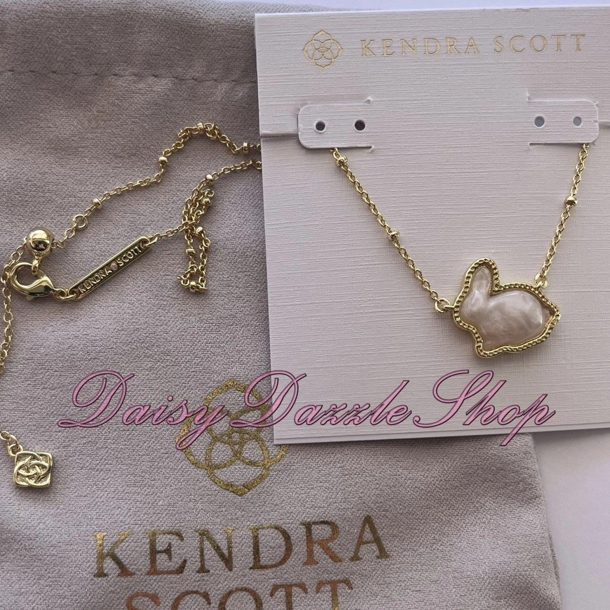 🐇🎀Kendra Scott Bunny Gold Short Pendant Necklace In Taupe Mother-of-Pearl New