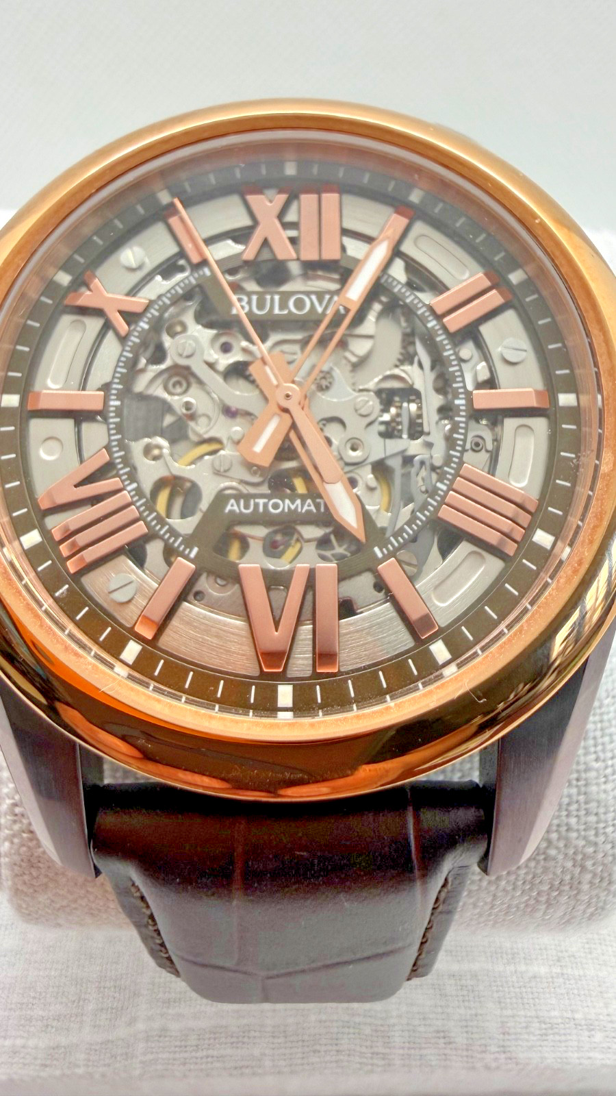 Bulova Automatic Skeleton Rose Gold Brown Leather Strap Open Heart Full Set