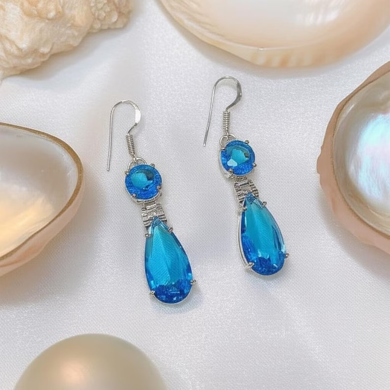 Handmade Sky Blue Crystal Teardrop Earrings Dangle Handmade Jewelry Gift