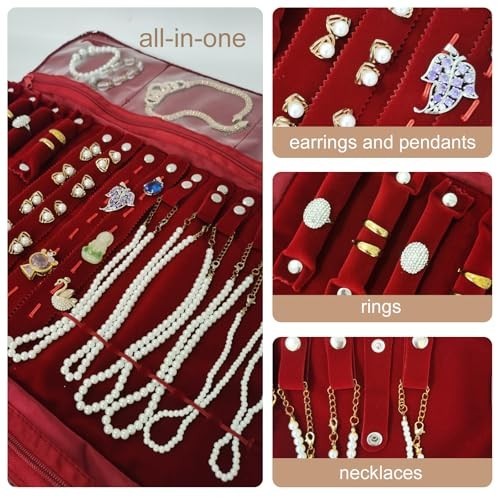 Velvet Travel Jewelry Roll Organizer Case for Necklace Bracelet Earrings Ring