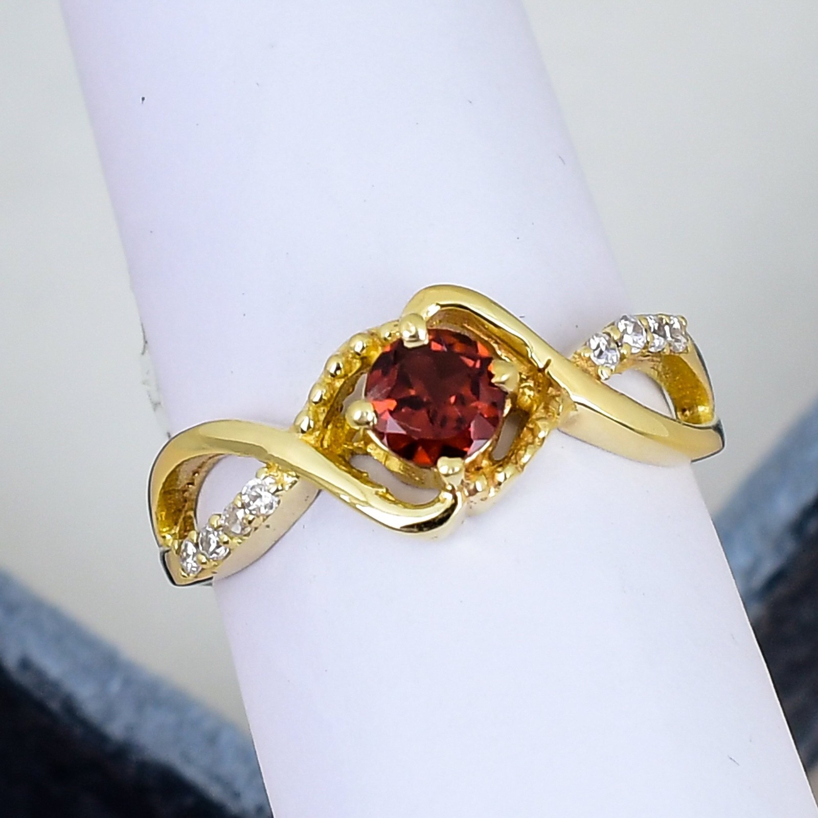 Garnet Ring 18K Gold Plated 5mm Round Gemstone Infinity Promise Ring Gift