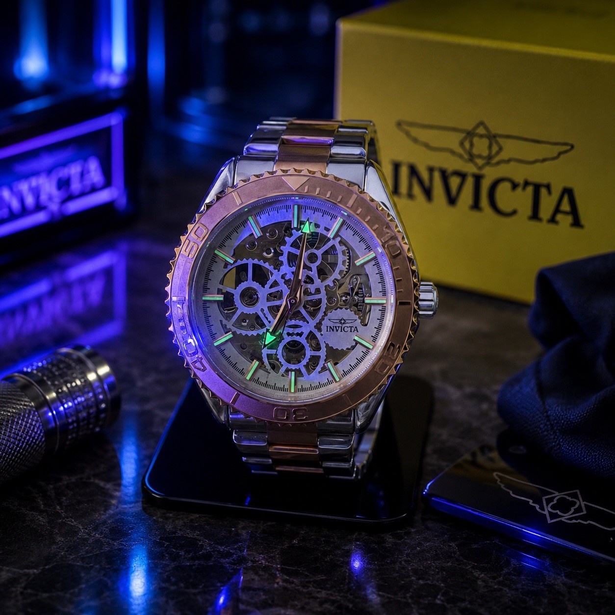 Invicta 69763 Automatic Watch w/ Skeleton Dial – 43mm, Silver, Rose Gold