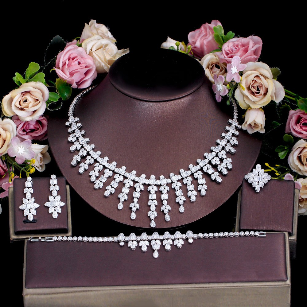 Silver Plated Long Leaf Drop Necklace Earring Bracelet Ring CZ Bride Jewelry Set