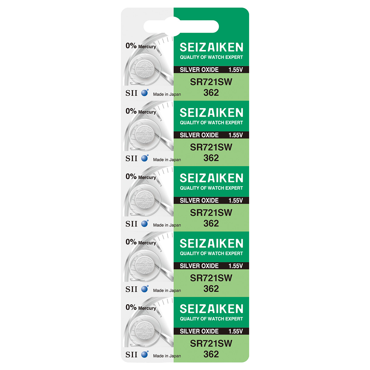 Seizaiken 362 SR721SW 1.55V 0%Hg Silver Oxide Watch Battery (5 Batteries)