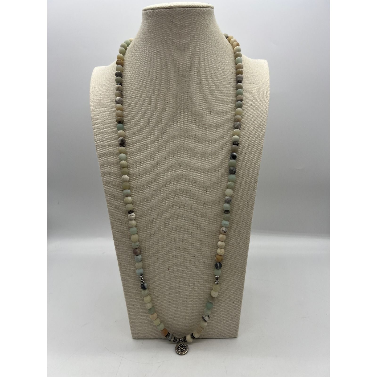 Amazonite Stone Beaded Lotus Necklace Boho Zen Spiritual Minimalist Blue