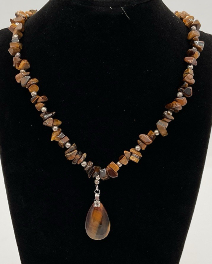 Tiger Eye Stone Necklace 17″ And Pendant 43.3g NICE Fast Free Shipping!
