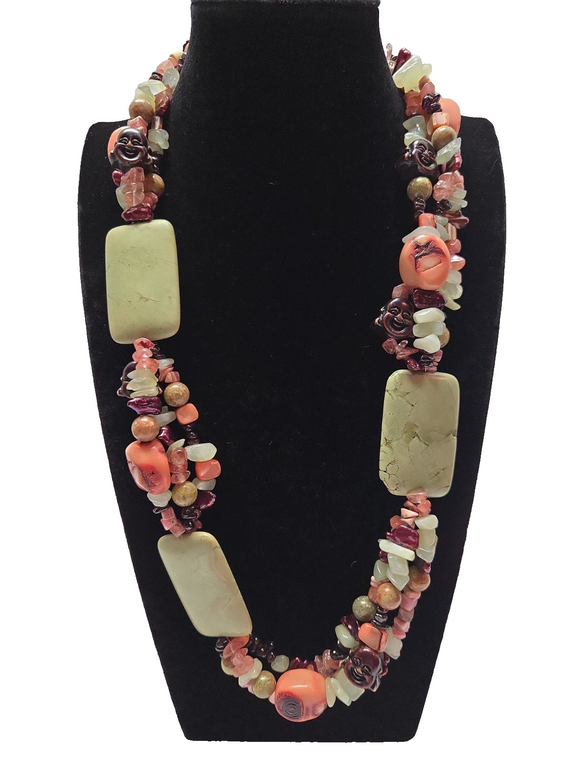 VTG Heavy Multi Strand Gemstone Necklace Carved Cinnabar Jade Coral Boho 10.4 oz