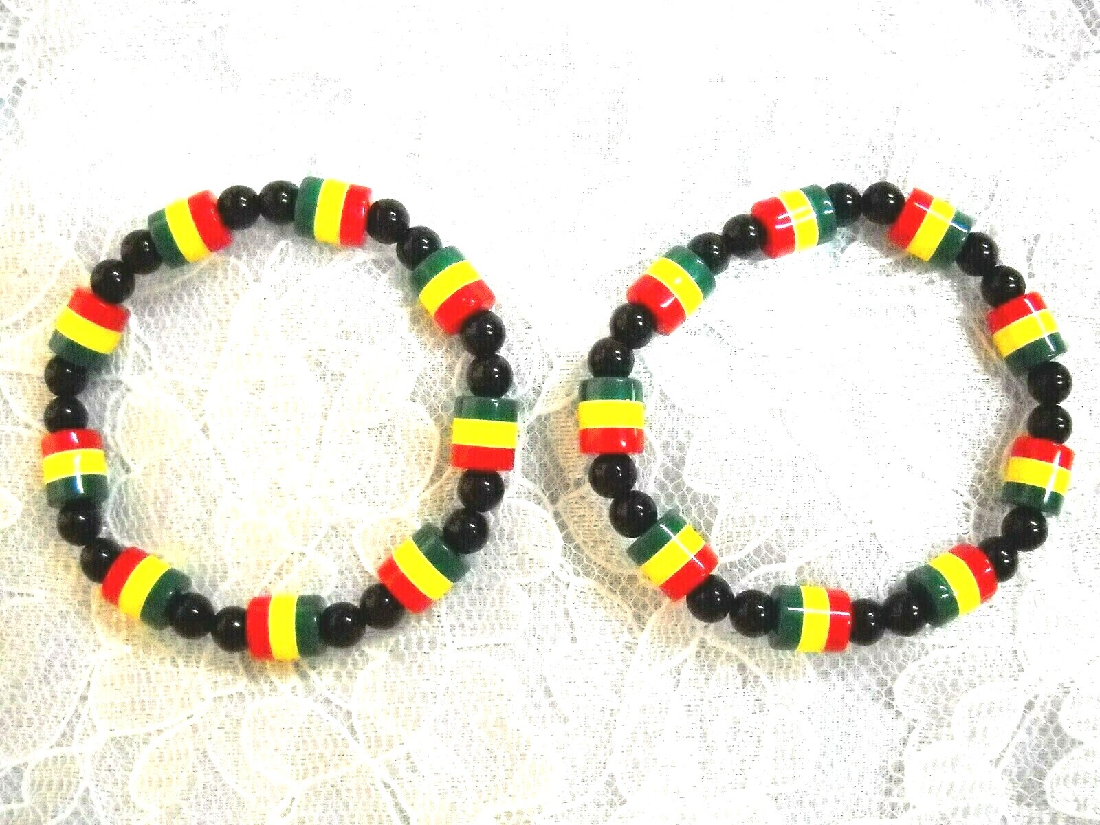 Set of 2 Rasta Red Yellow Green Acrylic Tube Beads on Stretch Elastic Bracelets
