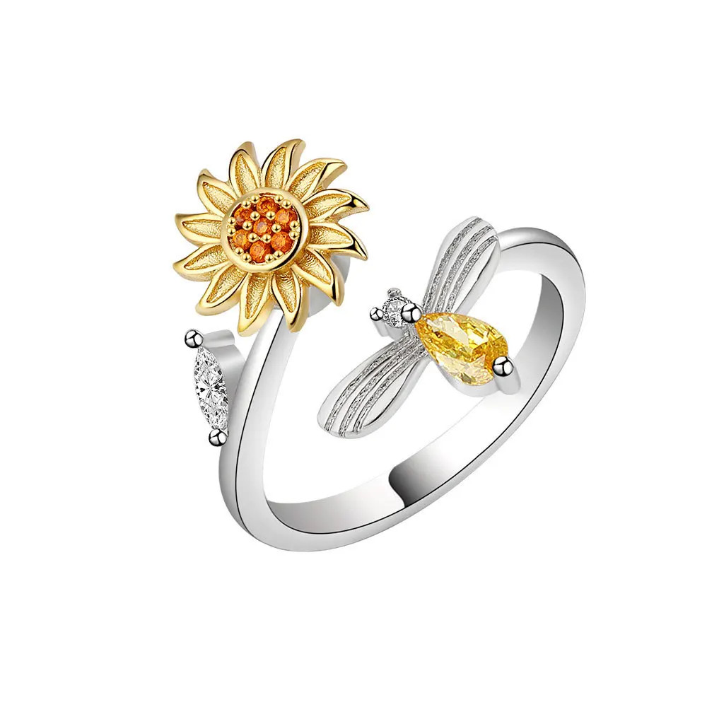 Sterling Silver Sunflower Diamond Zircon Rotatable Ring For Women