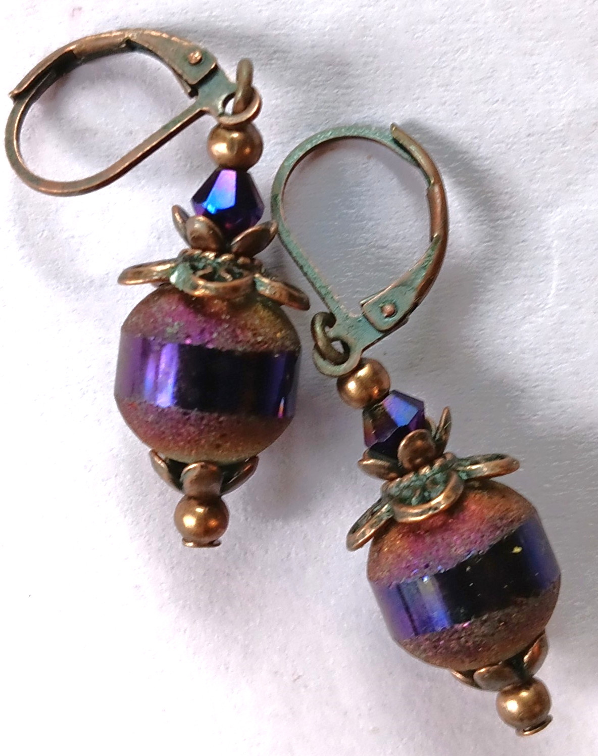 PURPLE frosted CRYSTAL earring COPPER LEVERBACK handcrafted #XSP-b