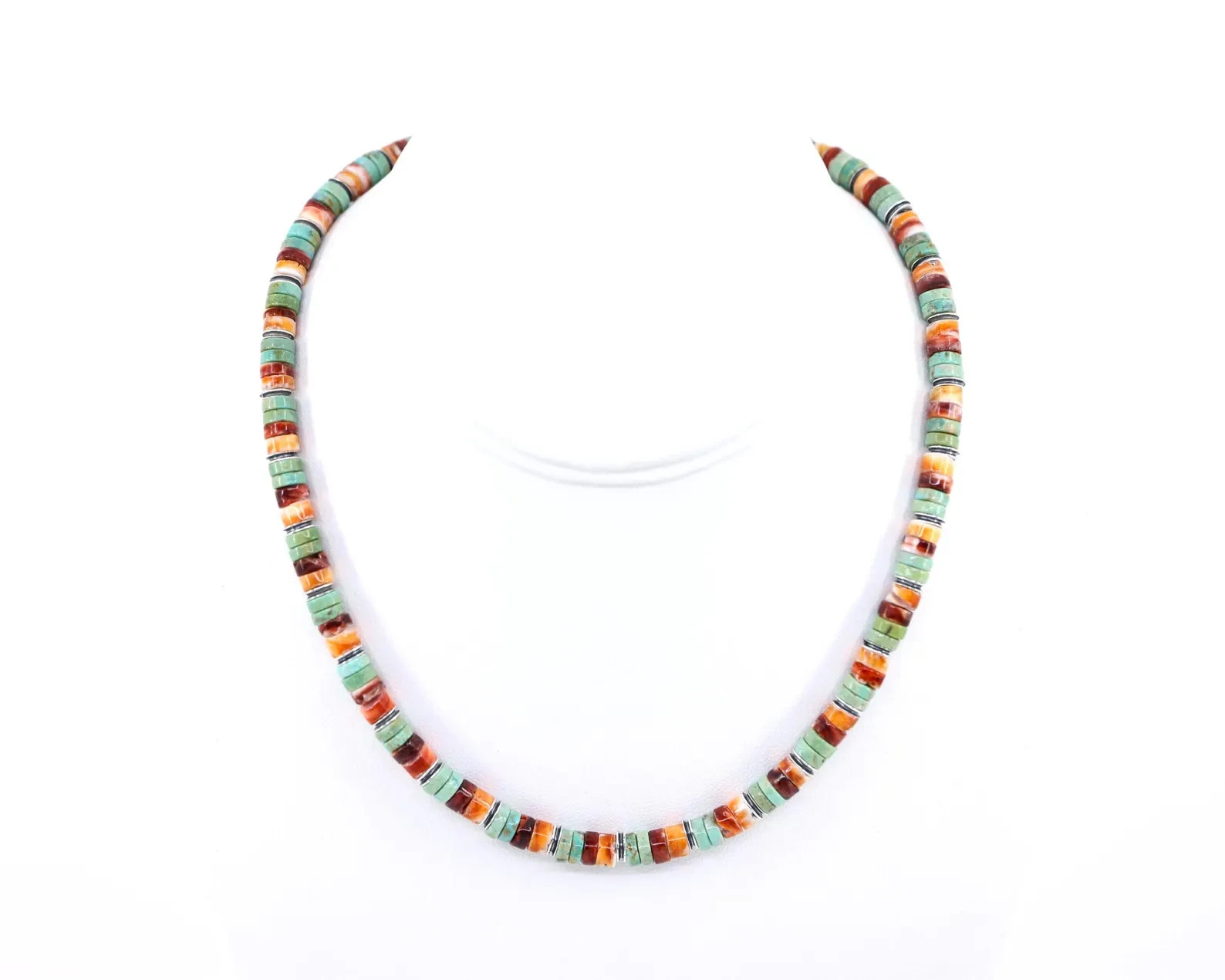 Blue Turquoise & Orange Spiny Oyster Necklace, 6mm Round Heishi Tribal Choker