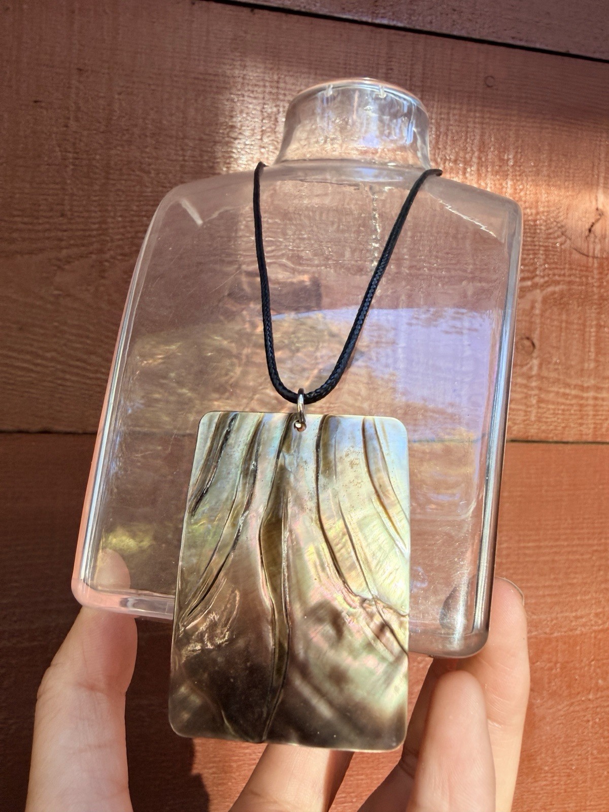 Boho Necklace Art to Wear Statement Jewelry-Faux Abalone pendant