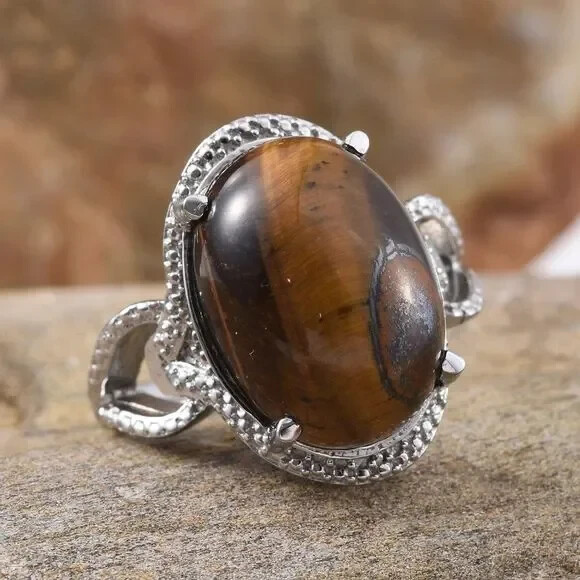 South African Tigers Eye (Ovl) Ring in Stainless Steel (Size 9.0) Ring Box