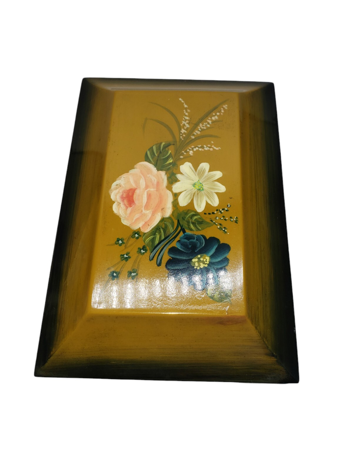Vintage Hand Painted Wooden Jewelry Keepsake Box Floral Folk Art Black