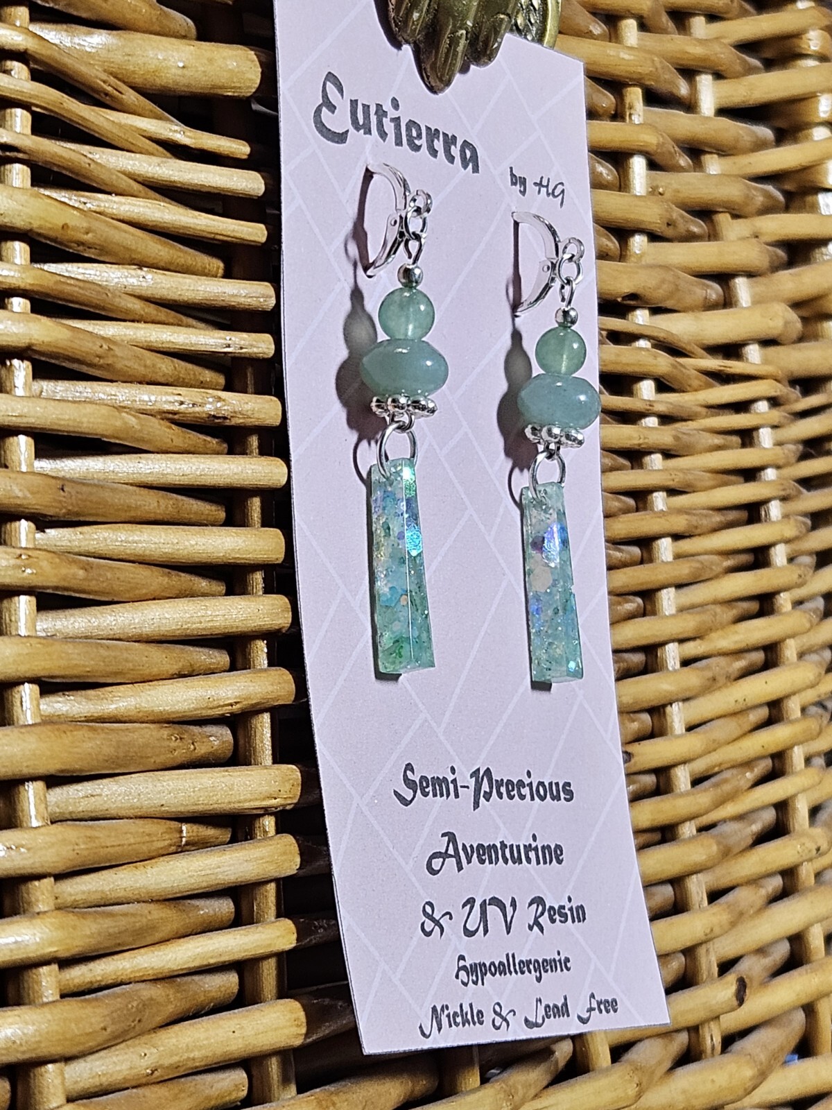 Eutierra Semi-Precious Green Aventurine & UV Resin Earrings Hand Crafted In USA