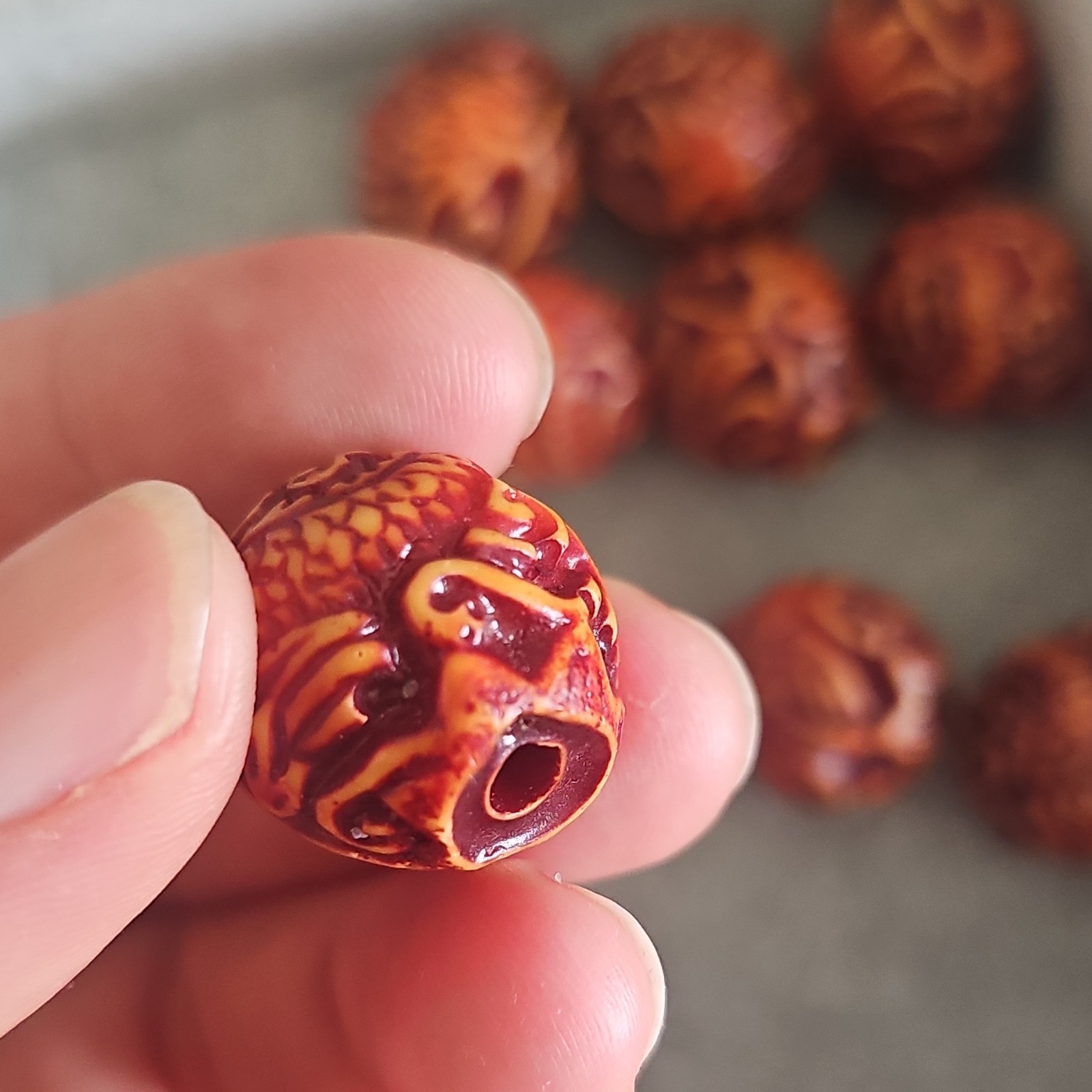 Carved Resin Dragon /Phoenix Round Beads 20mm Orange/Brown Large Hole Lot of 9
