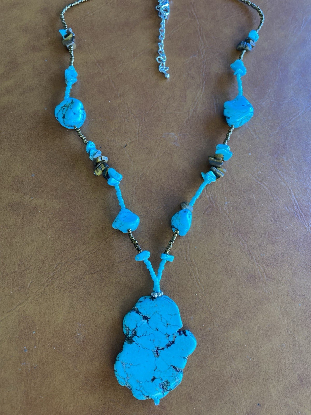 Necklace Pendant Turquoise Stone Like Beaded 25” Boho Statement