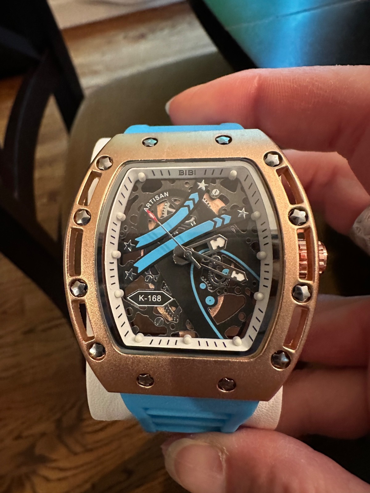 BIBI Luxury Skeleton Dial Qrtz Tonneau Rose Gold Case Turquoise Rubber Strap NIB