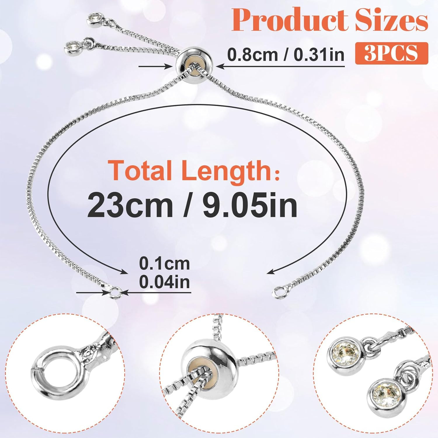 3Pcs Adjustable Slider Bracelet for Jewelry Making, Silver Plated Charm Bracelet