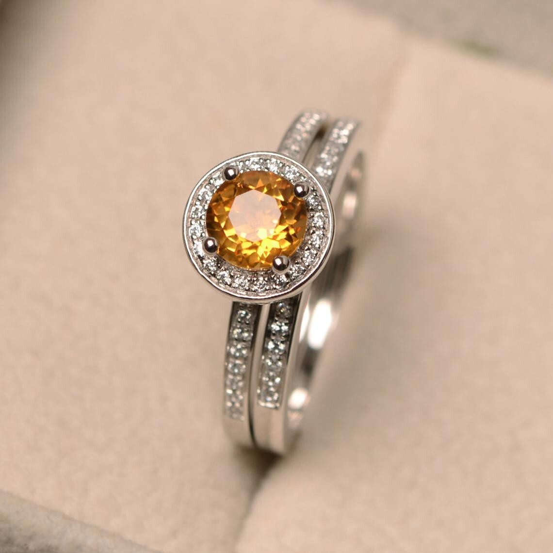 1.65 Ct Round Cut Natural Citrine Diamond Engagement Ring 14K Solid White Gold