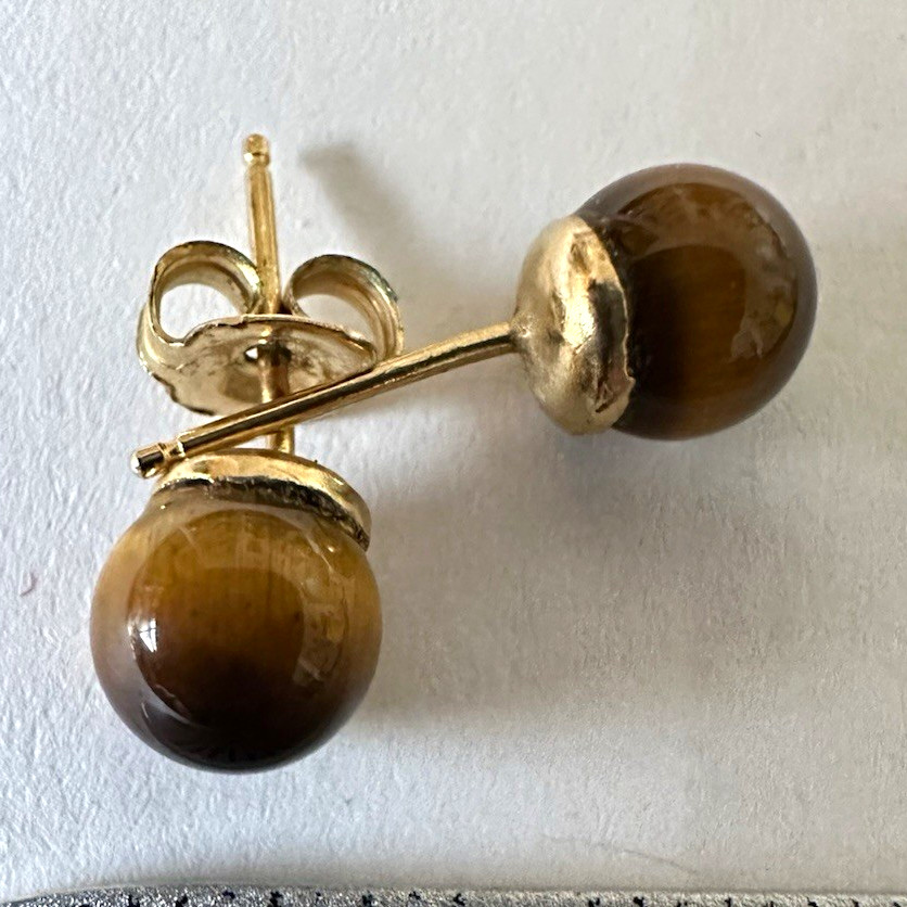 1970s Tiger’s Eye Round Bezel Studs Earrings Butterfly Gold Post Back 8mm