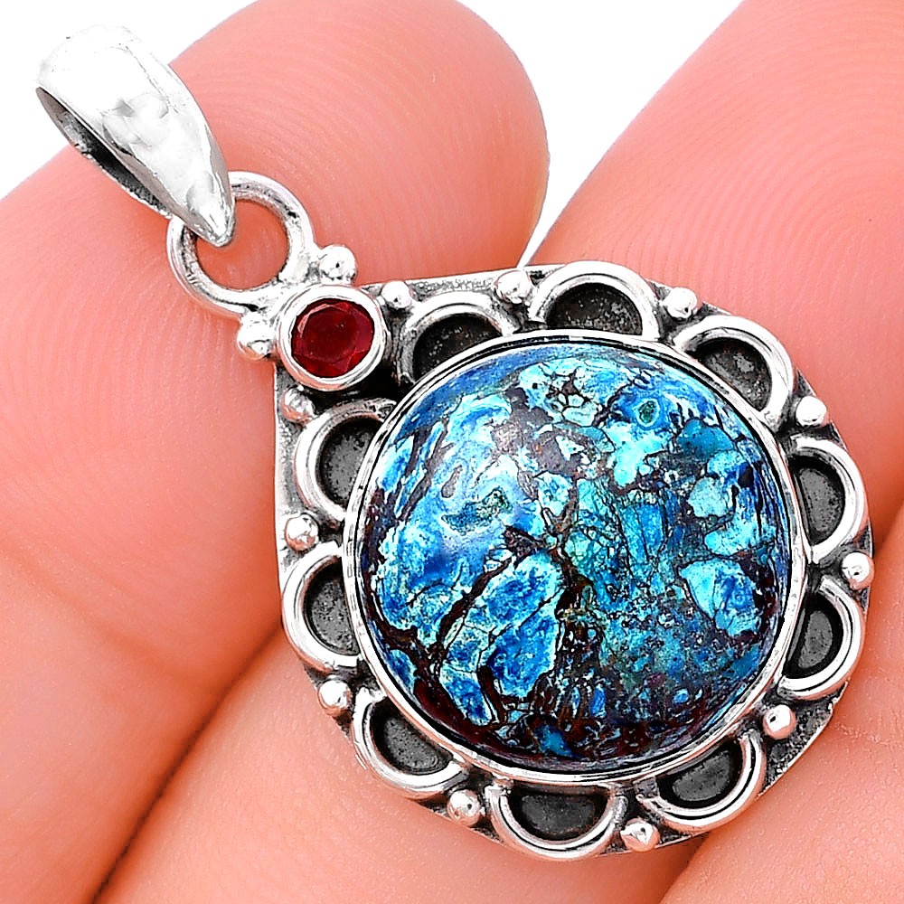 Natural Shattuckite – USA & Garnet 925 Sterling Silver Pendant Jewelry P-1080