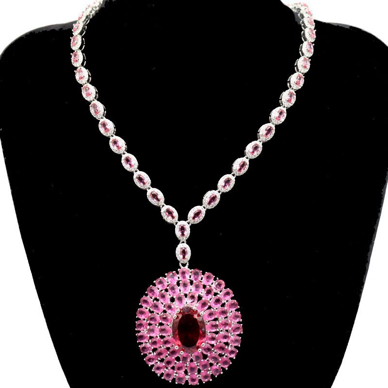 Eye Catching 40g Big Gemstone Pink Tourmaline Women Dating Silver Necklace 19″