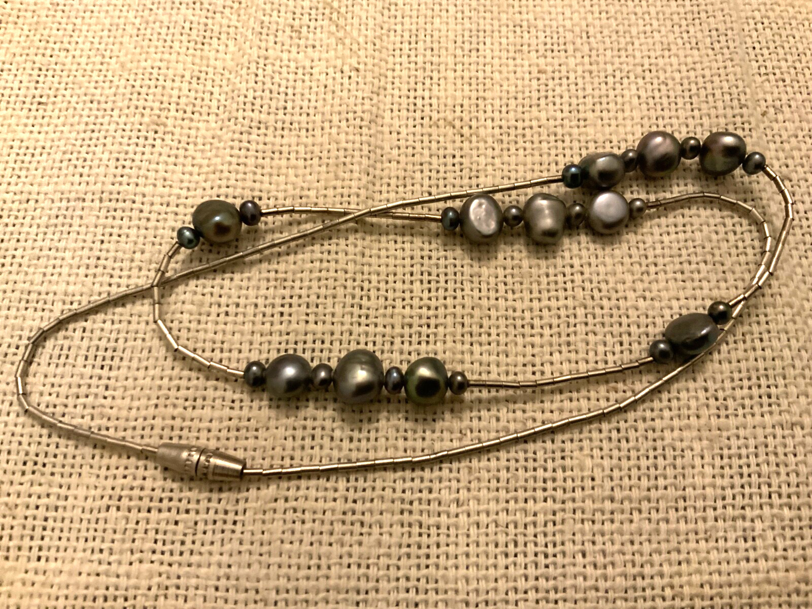 Vintage Sterling sterling necklace Peacock cultured pearl oil slick liquid chain