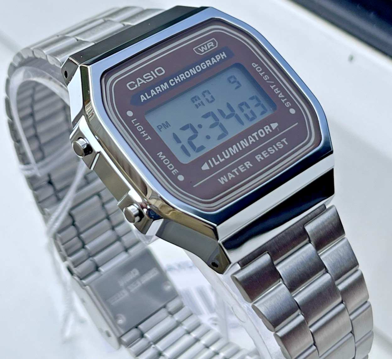 CASIO VINTAGE A168WA-5AYDF UNISEX SILVER DIGITAL BROWN DIAL RETRO WATCH *NEW*