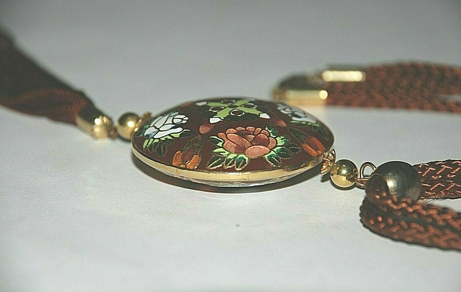 Cloisonne Asian Flower Tassel Necklace Pendant Enamel Gold Filled Silk Cord Boho