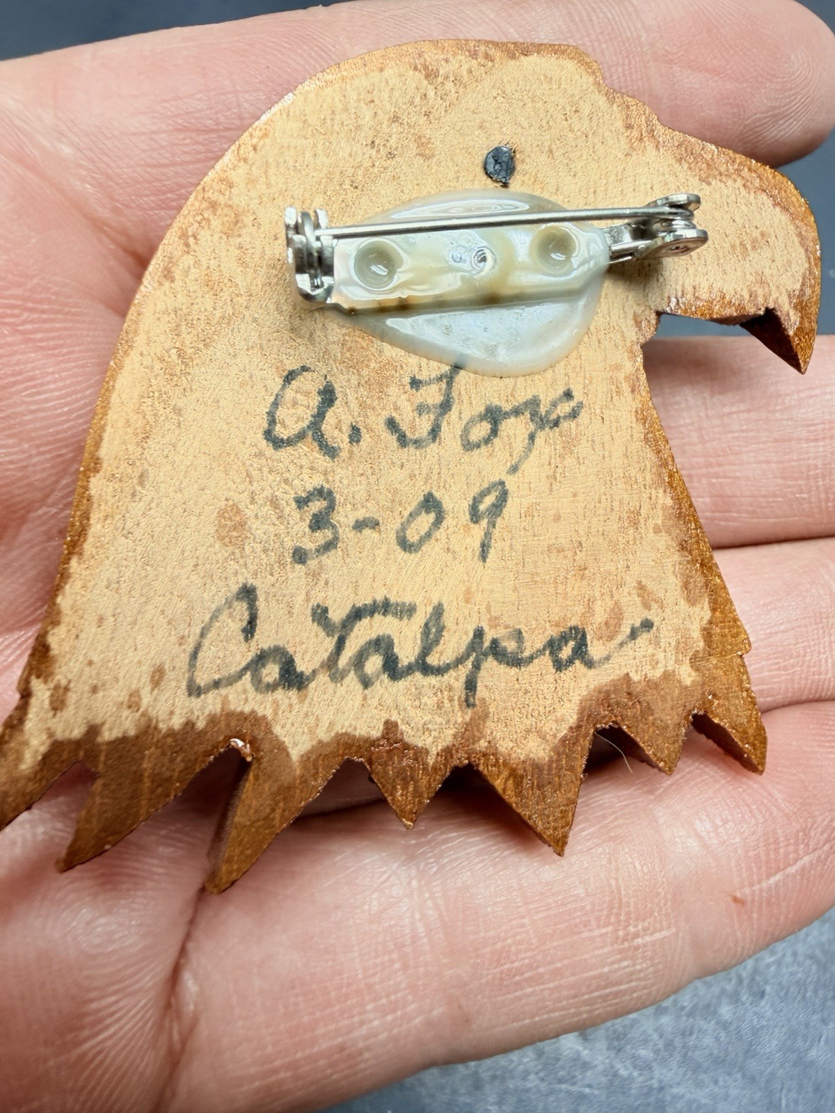 Carved Eagle Head Brooch Pin Signed Very Neat Looking