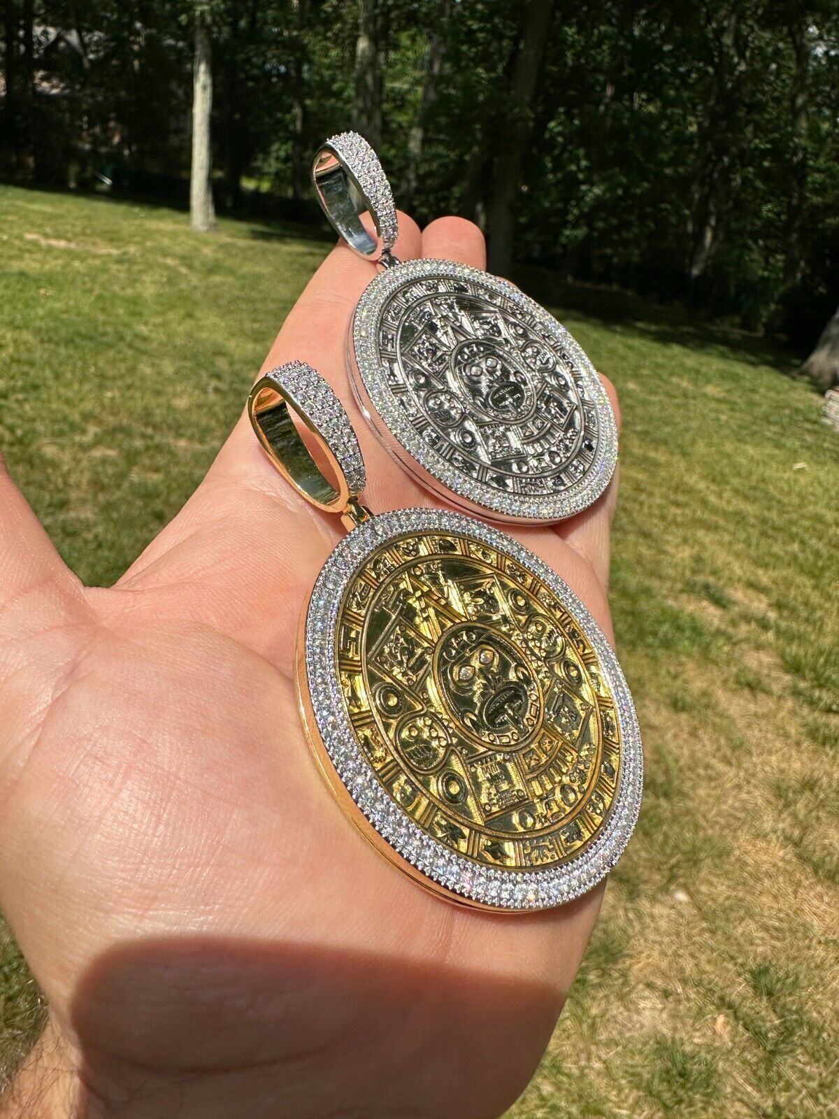 HUGE Moissanite Aztec Calendar Mayan Sun God Iced 925 Silver Pendant Necklace