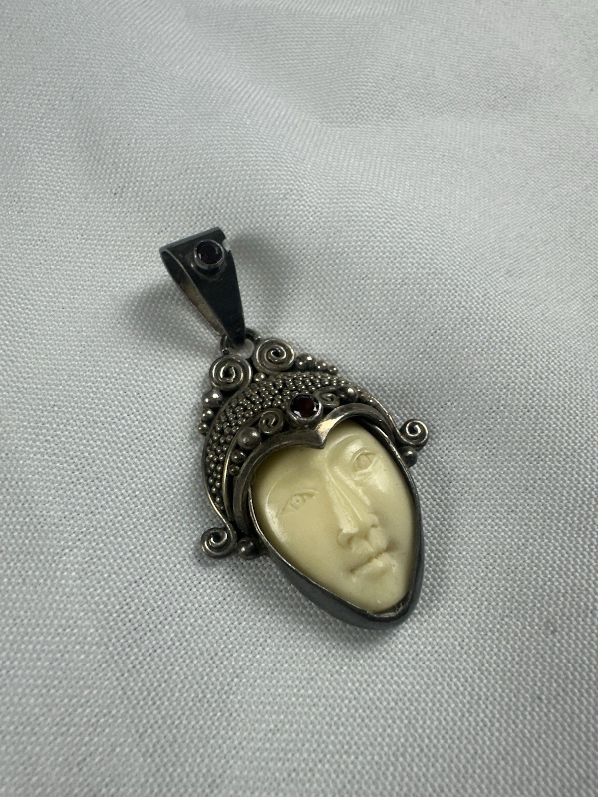 Vintage Sajen Sterling Silver 925 Carved Face Goddess Red Gemstones Pendant 2″