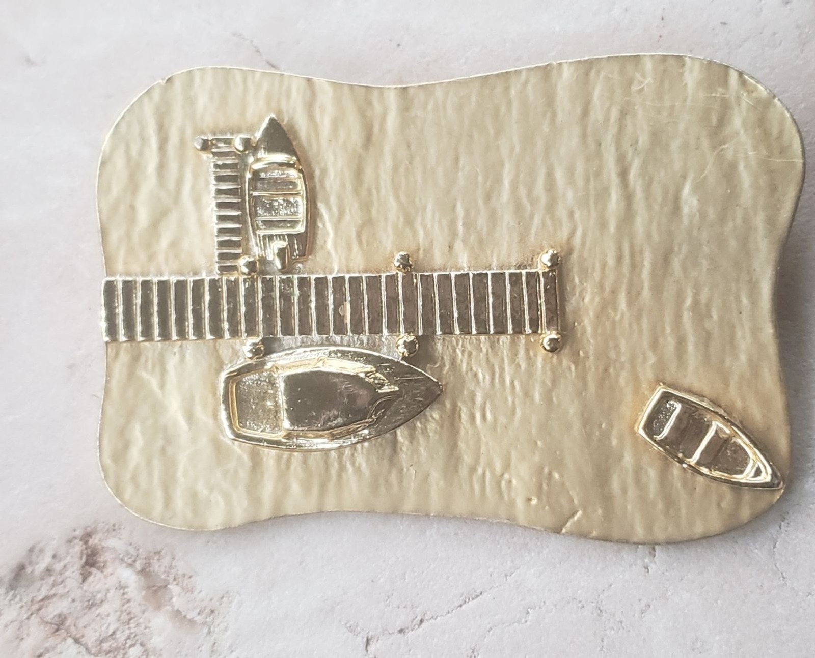 Large brush Gold tone lake boat pier launch brooch pin, oversized, nautical