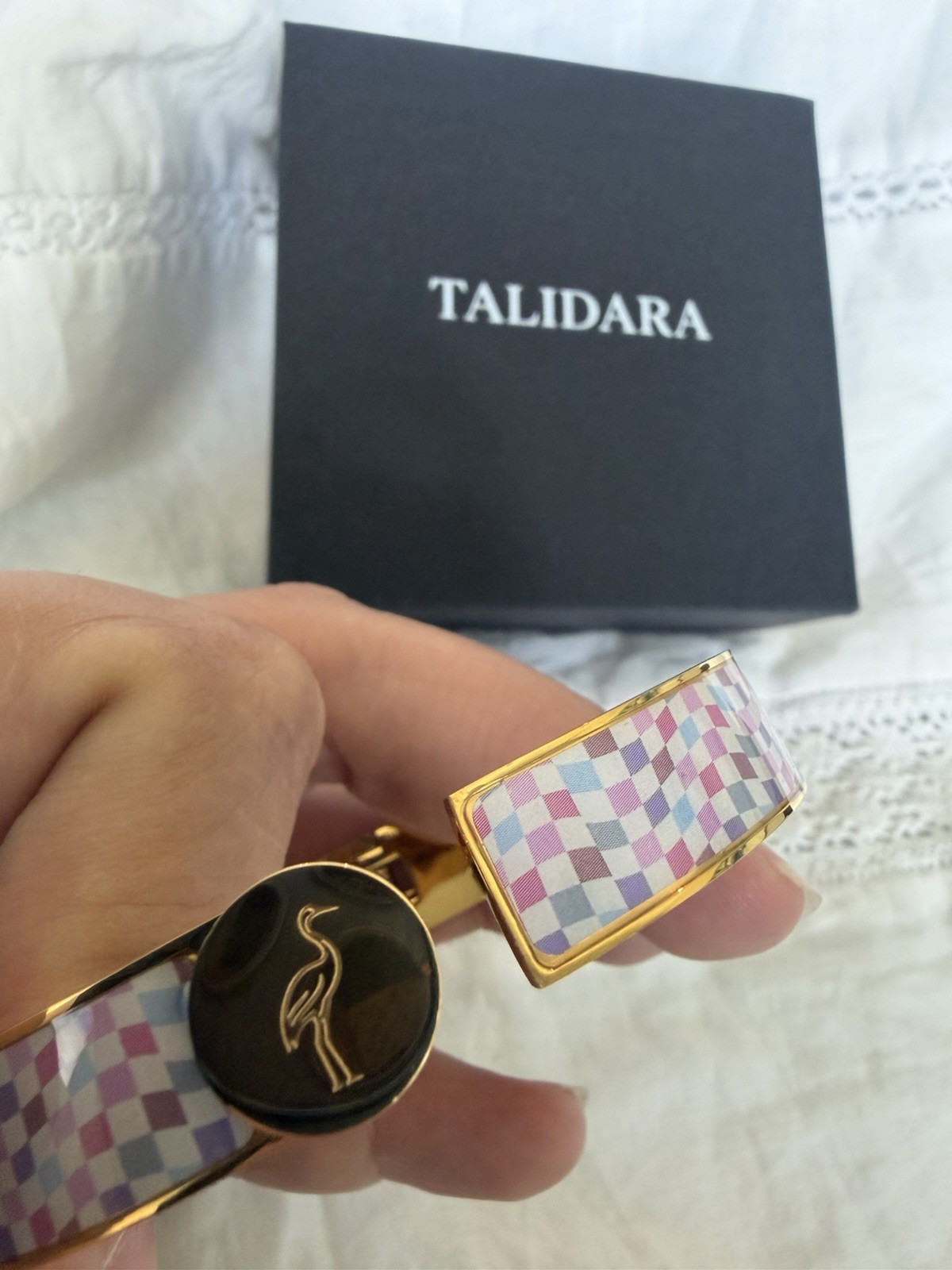 TALIDARA Multicolor Enamel Checkered Gold-Tone Hinged Bangle Cuff Bracelet