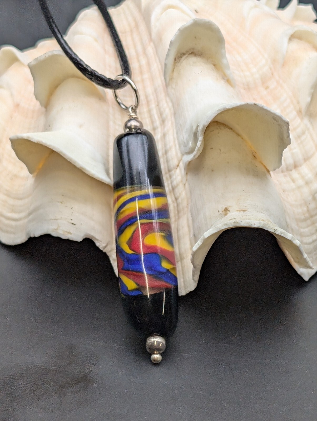 necklace Stripes Multicolor Red Black Blue pendant sterling glass #1344