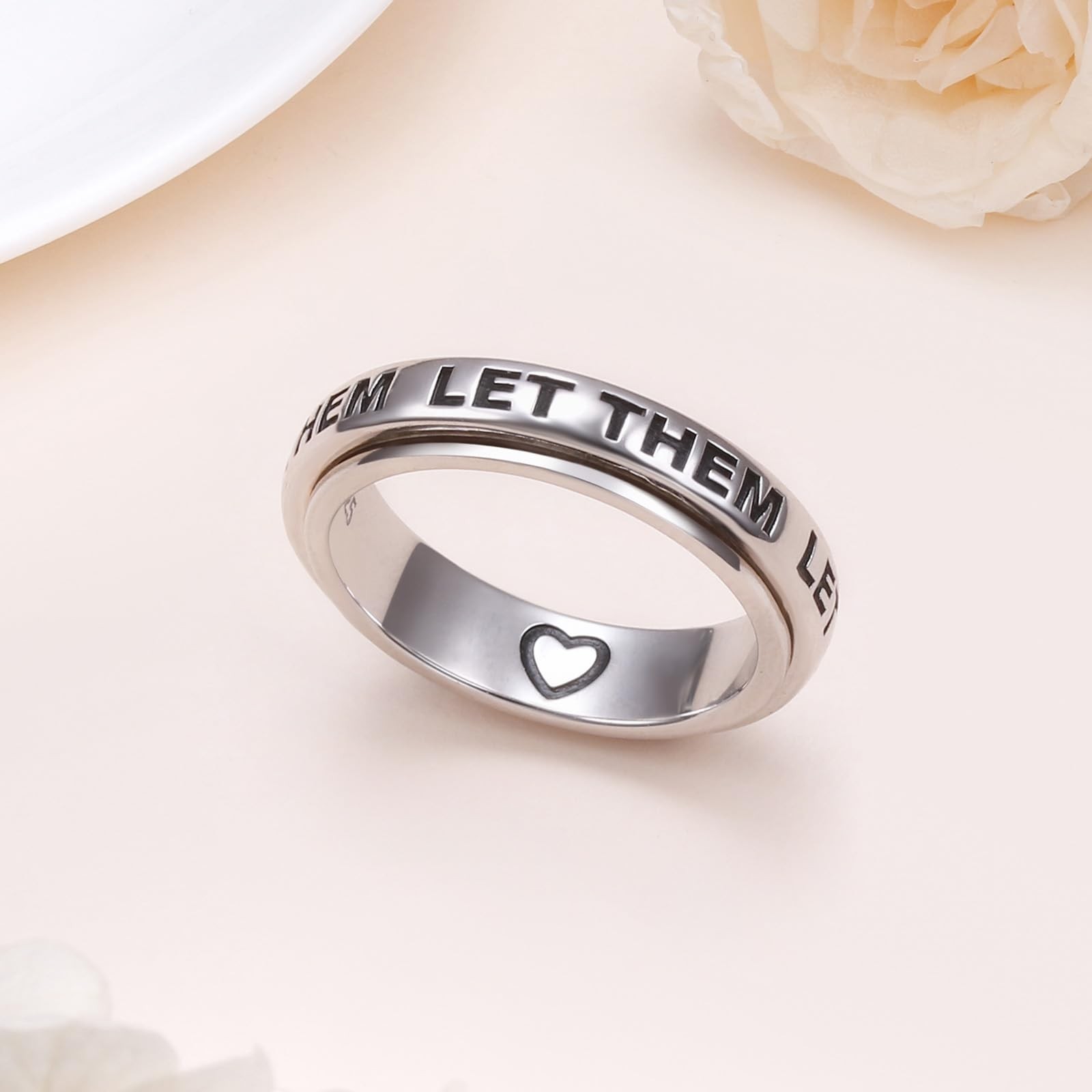 Let Them Spinner Ring 925 Sterling Silver Anxiety Fidget Ring for Heart Spinn…