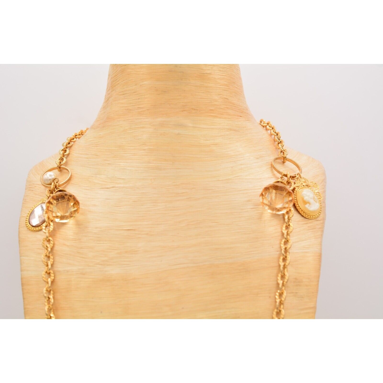 Vintage Station Cameo Necklace Charm Beaded Crystal Gold Chunky 1990s Bin4B