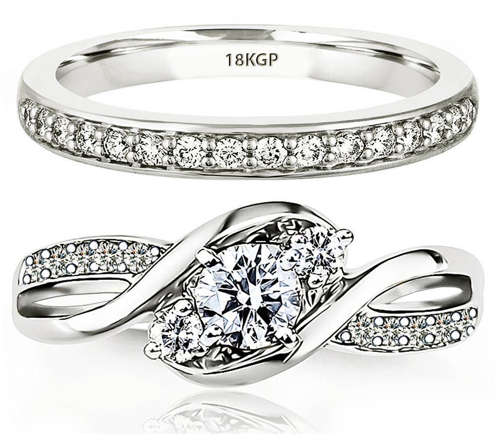 Solid Silver 925 Wedding Engagement Ring Set Infinity 3-Stone Cubic Zirconia 5A+