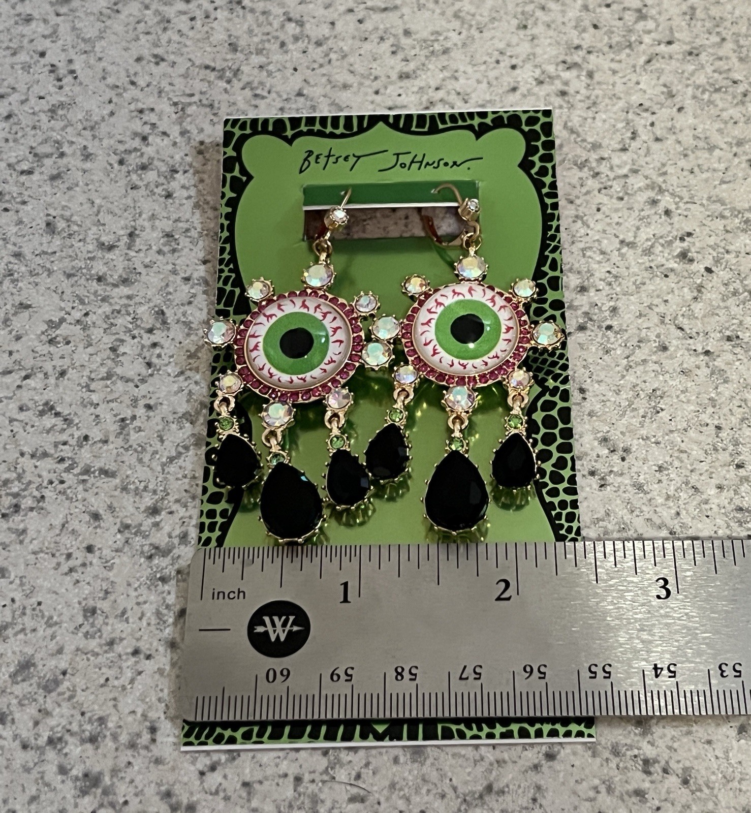 Betsey Johnson Green Evil Eye Black Tear Drop Earrings Crystal Bling NWT