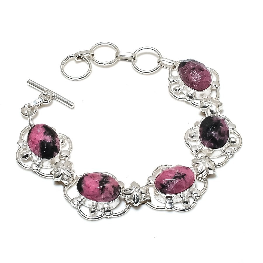 Pink Rhodonite Gemstone Handmade 925 Sterling Silver Jewelry Bracelet Size 7-8″