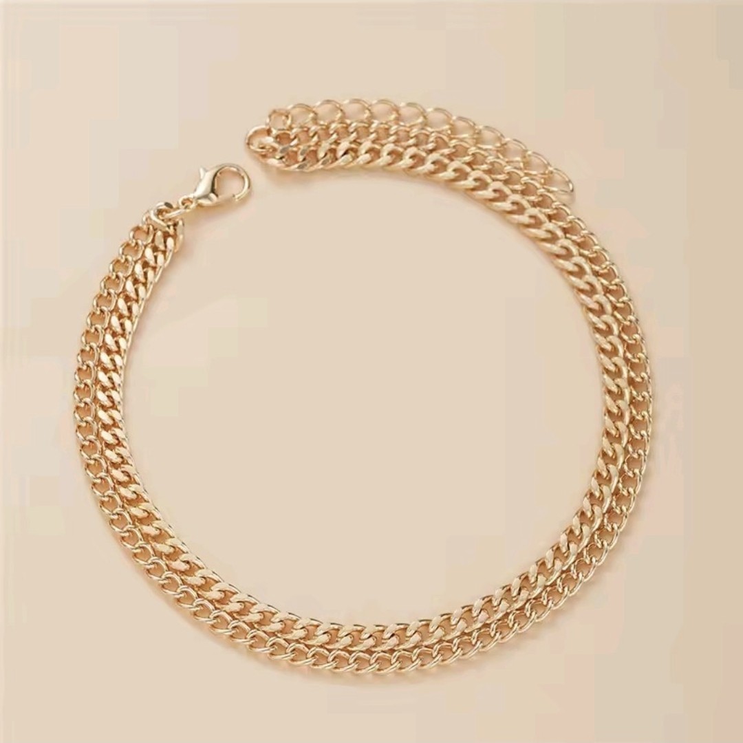 Gold Tone Cuban Link Chain Anklet Adjustable Lobster Clasp, No Stone
