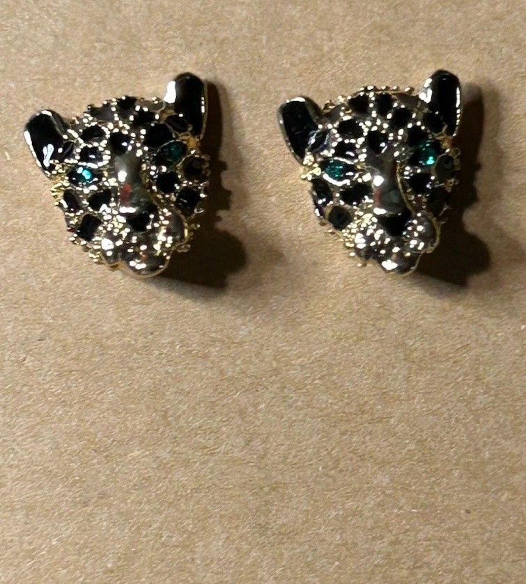 Gold Leopard Head Stud Earrings Clear & Black Crystals Unisex Animal Jewelry