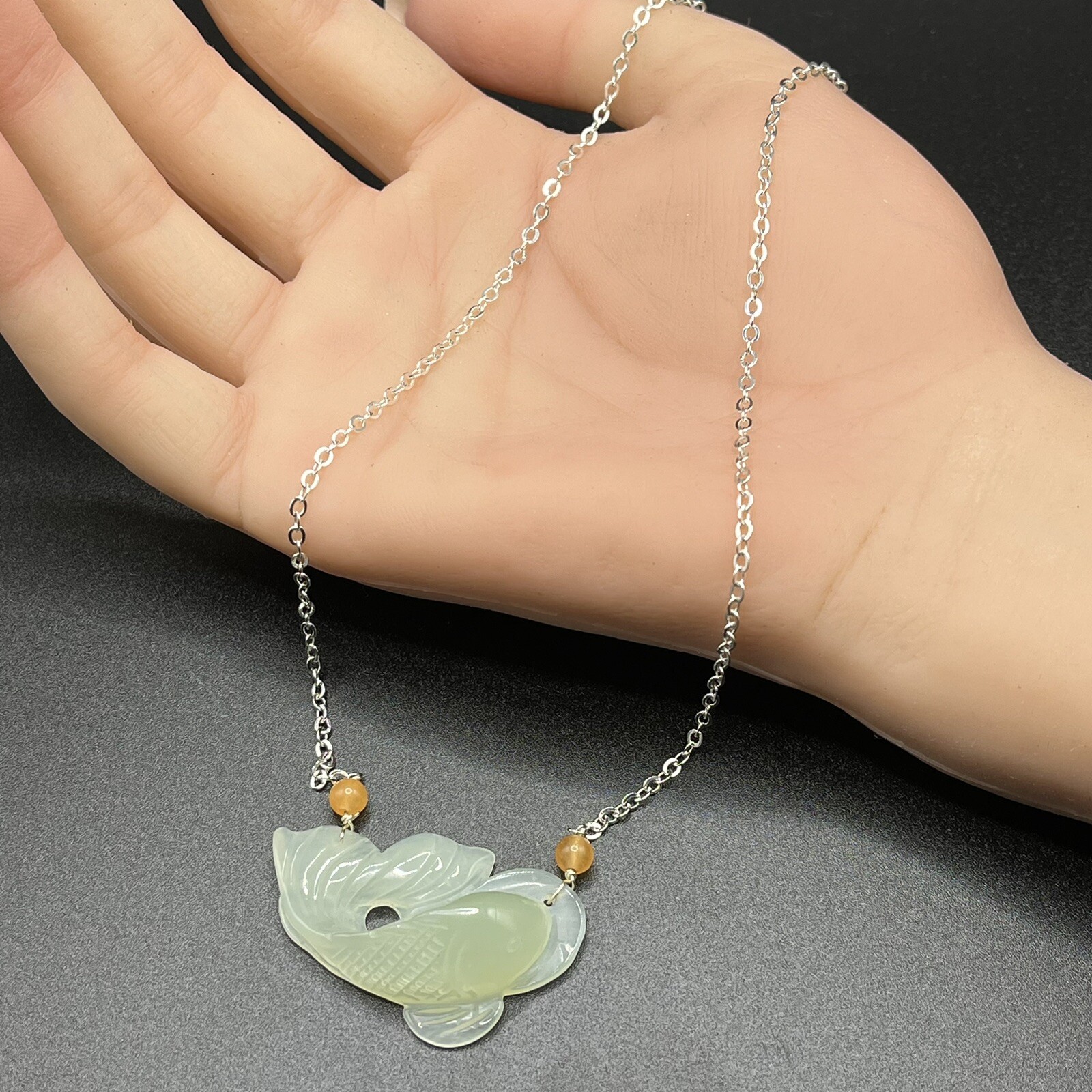 16” Ice Green & Orange Jade Fish Pendant Necklace – Presidium Tested