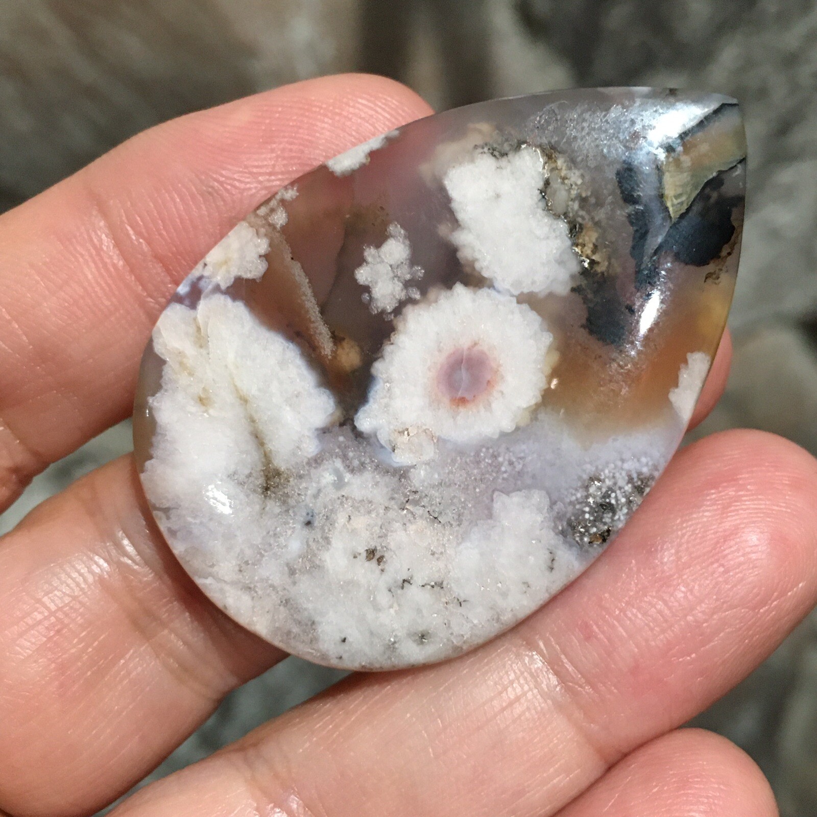 48×32.9×4.5mm Fine Collectors’ Flower Picture Plume Agate Teardrop Cabochon Gem