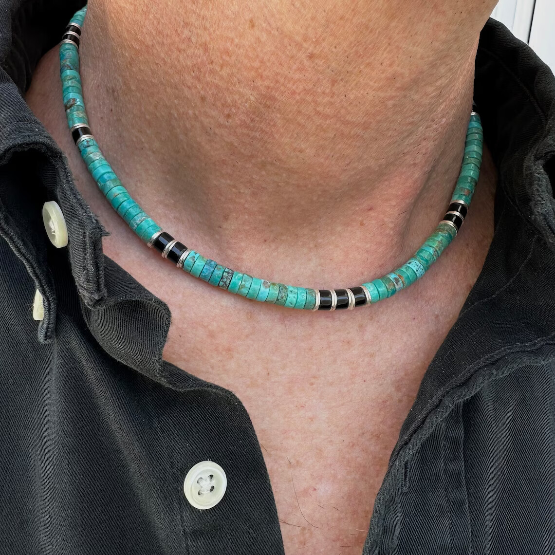 Men’s Kingman Turquoise Heishi Necklace – Lightweight, Natural Blue-Green