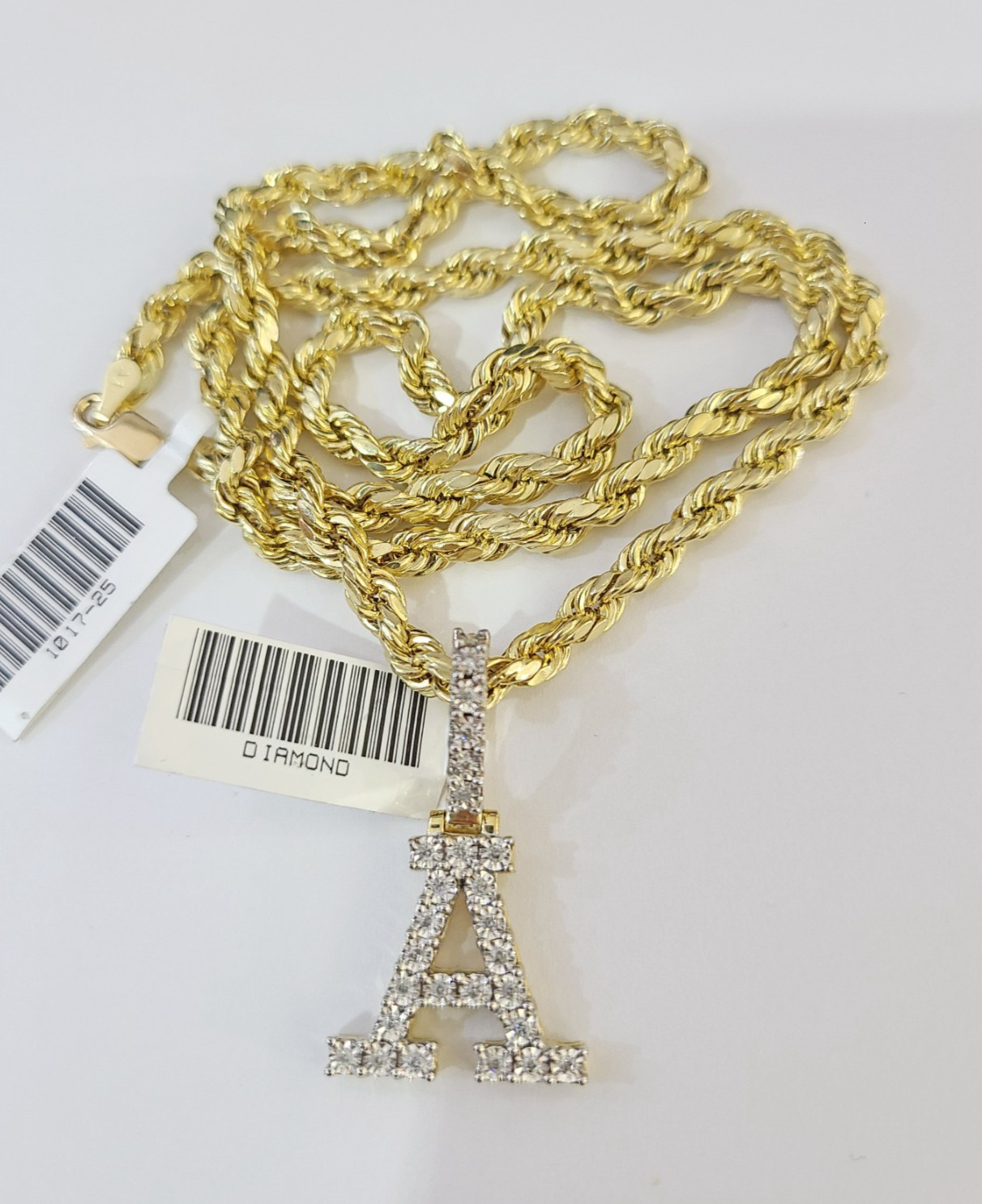 10k Rope Chain A Diamond Initial Charm Necklace Pendant Set 4mm 20″-30″ Gold