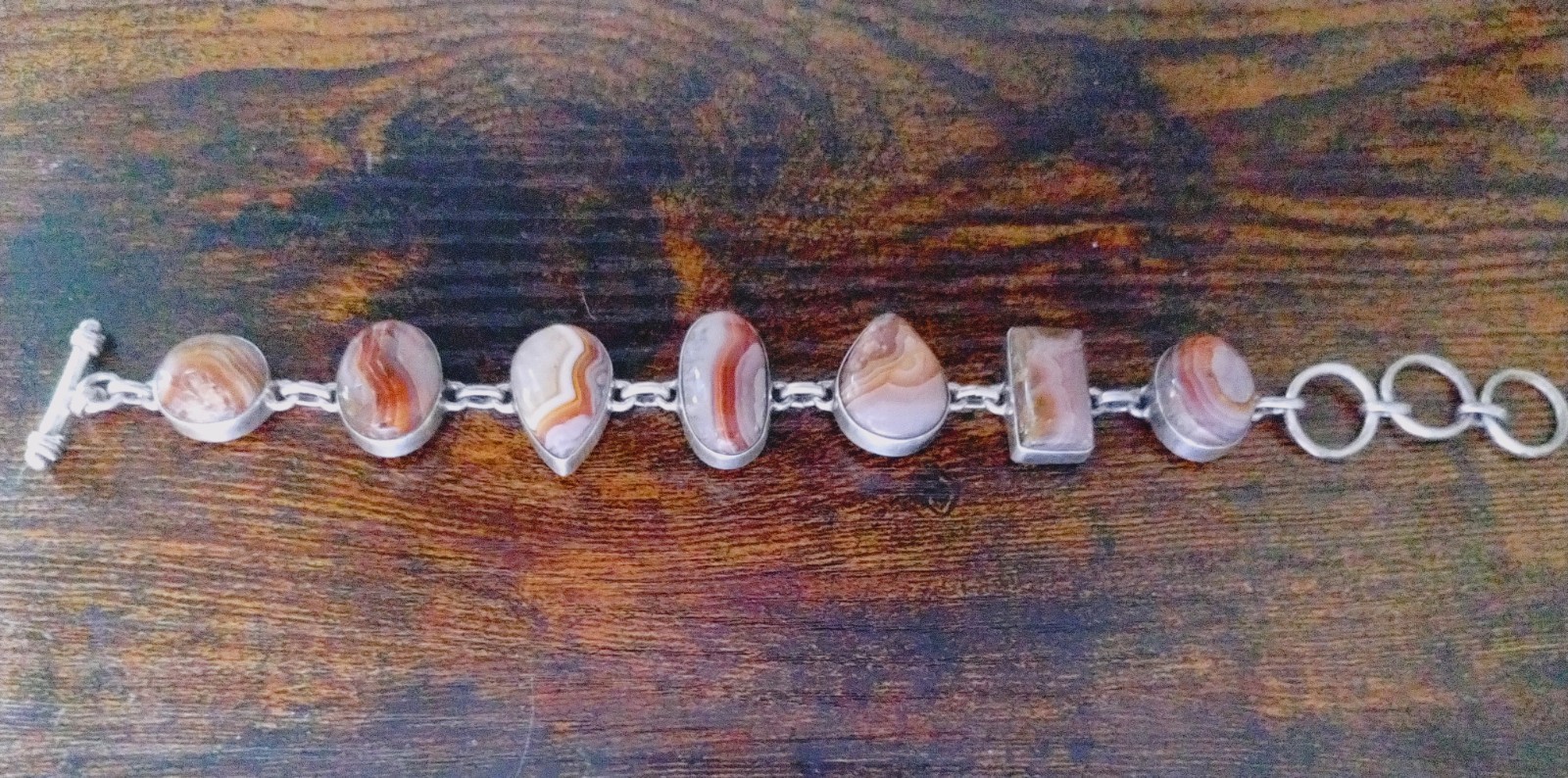 Natural SJ Red Banded Agate Stone Sterling Silver Sajen Toggle Bracelet 7-9in